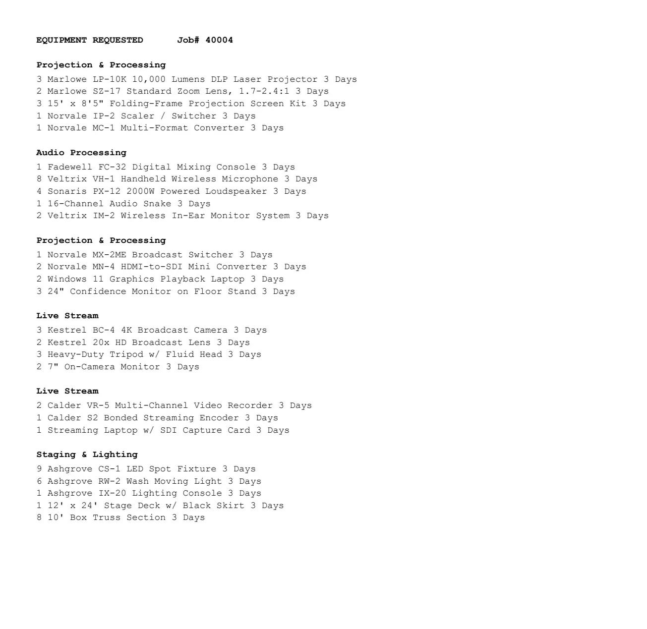 Page two of the packet PDF: the equipment requested, grouped by category